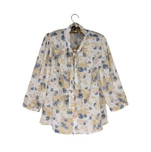 MODCLOTH Floral Tie Collar Blouse Large Blue and Gold Floral Print